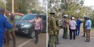 A photo collage showing ODM Leader Raila Odinga confronting police officers and a photo of Azimio allied leaders stranded at a police roadblock on March 10, 2023. 