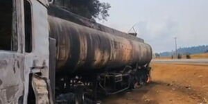 A photo 0f the remains of the tanker that exploded after an accident on March 10, 2023 along the Eldoret-Webuye Highway.