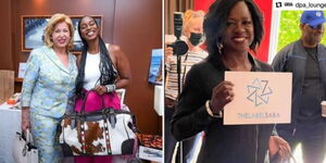 A photo collage of The Label Saba Founder Nthenya Mwendwa gifting the First Lady of Ivory Coast Dominique Claudine Ouattara a bag and a photo Award winning actress Viola Davis. 