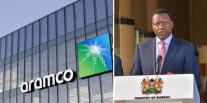 A photo collage of Energy CS Davis Chirchir (right) and a photo Aramco Headquarters in Saudi Arabia. 