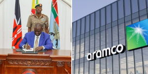 A photo collage of President William Ruto siging a bill into law (left) and a photo of Aramco offices. 