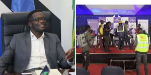 A photo collage of Communications Authority Director General Ezra Chiloba (left) and a photo of the scuffle that ensued on March 15, 2023. 