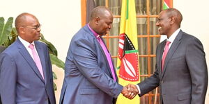 President William Ruto (right) and ACK Archbishop Jackson Ole Sapit shake hands after a meeting at State House on March 16, 2023. 