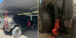 A photo collage of a jeep with a high lift jack and a Lan Rover with a high lift jack. 