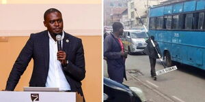 A photo collage of Nairobi Governor speaking at a past event (left) and a photo of a man captured with the signage of Tom Moboya Street. 