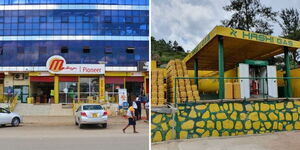 A photo showing a facade of a former Mulleys Supermarket outlet (left) and a photo of Hashi Gas station in Rwanda. 