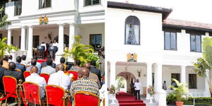 A photo collage of former President Uhuru Kenyatta adressing a  meeting at State House Mombasa and a facade of the State House Mombasa. 