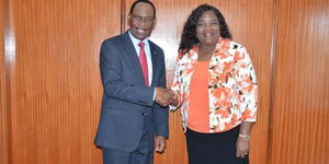 KFCB CEO Ezekiel Mutua (left) EA Spectre CEO Ida Odinga pose for a photo after a meeting at the EA Spectre offices along Mombasa Road on February 18, 2020.