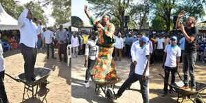 Ruto-allied MPs addressing a public rally atop a wheelbarrow