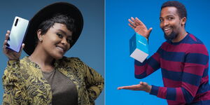 Singer Judith Nyambura (Avril) and actor Pascal Tokodi (right) pose for photos with the Oppo Reno 3.