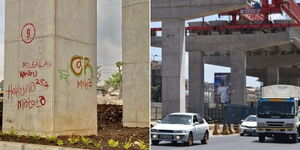 Side by side photos of graffiti on Nairobi Expressway taken on Wednesday, October 13 (left) and an undated version of the expressway under construction.