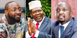 Nigerian singer Davido (left), exiled lawyer Miguna Miguna (center) and Gatundu South MP Moses Kuria