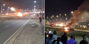 Side by side photos of a tanker burning on Thika Road.