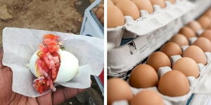 A collage of mayai pasua and  raw eggs.