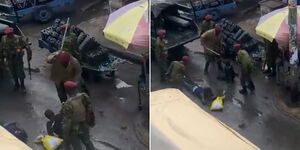 A collage image of police officers confronting two men.