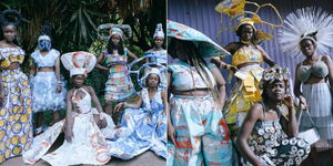 A collage image of Warembo Wasanii models showcasing dresses made from recycled plastics.