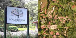 A collage image of a Woodland Star International signpost (left) and an aerial view of the institution (right).