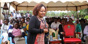 Kirinyaga Governor Anne Waiguru addresses mourners during the burial of Jane Wanjiku Mburati at Kambarare Village, Gichugu constituency on Tuesday, March 10, 2020.