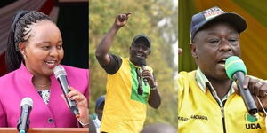 Photo collage between Kirinyaga Governor Anne Waiguru, Deputy President William Ruto and Mathira MP Rigathi Gachagua
