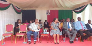 Kirinyaga deputy governor Peter Ndambiri (Left) and governor Ann Waiguru (Second left) during a BBI consultative meeting at Kirinyaga  Townhall grounds on Thursday, February 27, 2020.