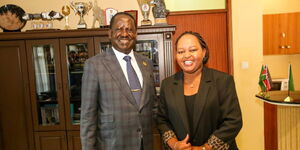 ODM Party leader Raila Odinga (Left) and Kirinyaga Governor Anne Waiguru after a meeting in Nairobi on Monday, February 24, 2020.