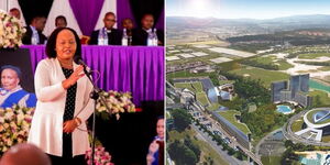 Photo collage between Kirinyaga Governor Anne Waiguru and artistic representation of Tatu City