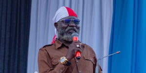 Roots party leader Prof George Wajackoyah speaking at a rally in Tanzania on March 1, 2023.
