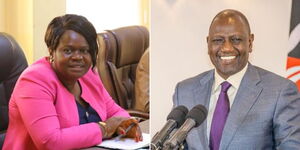 A collage image of Homa Bay Governor Gladys Wanga (left) and President William Ruto (right).