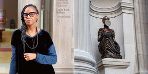 A collage image of Wangechi Mutu (left) and the seating II sculpture at the Metropolitan Museum of Art in New York (right).