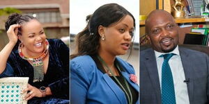 A collage of Women Representatives Wangui Ngirici (Kirinyaga) and Cate Waruguru (Laikipia) and Gatundu South MP Moses Kuria