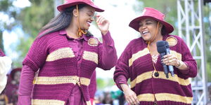 Laikipia Woman Representative Cate Waruguru and her Kirinyaga coiunterpart Wangui Ngirici during an nua Mama Jenga Taifa tour in Naivasha and Nyandarua on October 11, 2019.