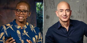 A photo collage of Wanjira Mathai speaking during a TED conference on February 26, 2020, (left) and Amazon founder Jeff Bezos posing for a photo shoot on May 16, 2022 (right).