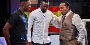 Harambee Stars captain Victor Wanyama and his elder brother MacDonald Mariga with media personality Jeff Koinange.