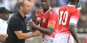 Harambee Stars coach Sebastian Migne instructs Victor Mugabe Wanyama during their AFCON 2019 qualifier