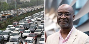 A collage image of vehicles caught in a traffic jam along Mombasa Road (left) and Prof Washington Ochieng (right).