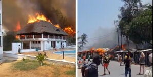 Photo collage of fire burning beach hotels in Watamu, Kilifi County on Wednesday February 22, 2023