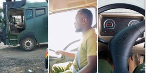 Photo collage of a water cannon, Driver Brayo and a steering wheel of one of the trucks used to disperse protesters 