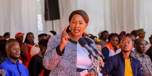 Machakos governor Wavinya Ndeti during the launch of food distribution relief in Machakos