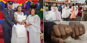 A photo collage of Pastor Dorcas Rigathi awarding a certificate to a newly wedded police couple (left), and an entourage at the wedding of 32 police officers in Embakasi on November 11, 2023.