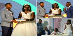 A photo collage of President William Ruto and newlyweds Nicholas and Judith at their wedding at KICC on June 30, 2023.