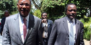 A photo of Moses Wetangula (left) and Kalonzo Musyoka pictured leaving a news conference at Sarova Panafric Hotel, Nairobi, on March 22, 2018
