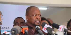 Ministry of Health Cabinet Secretary Mutahi Kagwe addresses the media from the Mbagathi District Hospital on Friday, March 6, 2020.