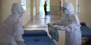 Medical practitioners in protective gear at  Mbagathi District Hospital on Friday, March 6, 2020.