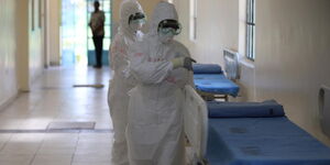 Medical practitioners in protective gear at the Coronavirus Isolation facility in Mbagathi District Hospital on Friday, March 6, 2020.