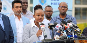 A photo of Health CAS Mercy Mwagangi issuing an update on coronavirus at Mbagathi Hospital on Saturday, March 14, 2020