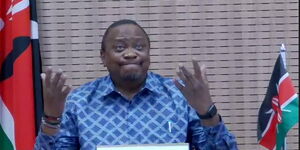 President Uhuru Kenyatta (right) gesturing during a virtual forum on June 26, 2020.