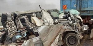 A wreckage of a 14-seater matatu that was involved in an accident along the Nairobi – Nakuru highway on Thursday, July 8