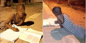 A Grade six student from Jola Urabi Primary School, Salim Khamisi, pictured writing his homework under a security light in Shanzu, Mombasa County.