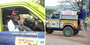 Baringo senator Gideon Moi having a test ride at one of the Rhino Charge cars during the 32nd edition of Rhino Charge on July 17, 2021(left) and foreigners during the Rhino Charge event.