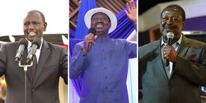 A collage of DP William Ruto, ODM leader Raila Odinga and ANC leader Musalia Mudavadi. 